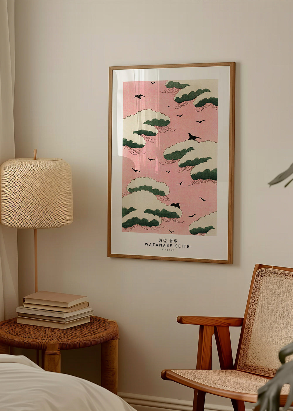 Japonská ilustrace růžové oblohy s oblaky a ptáky