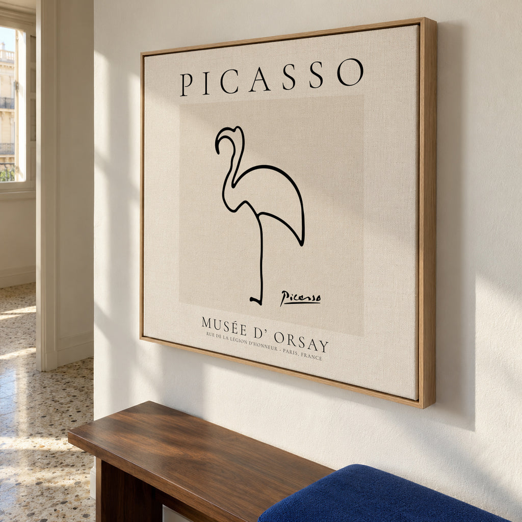 Pablo Picasso Animals Drawing Flamingo II - Framed canvas in an interior