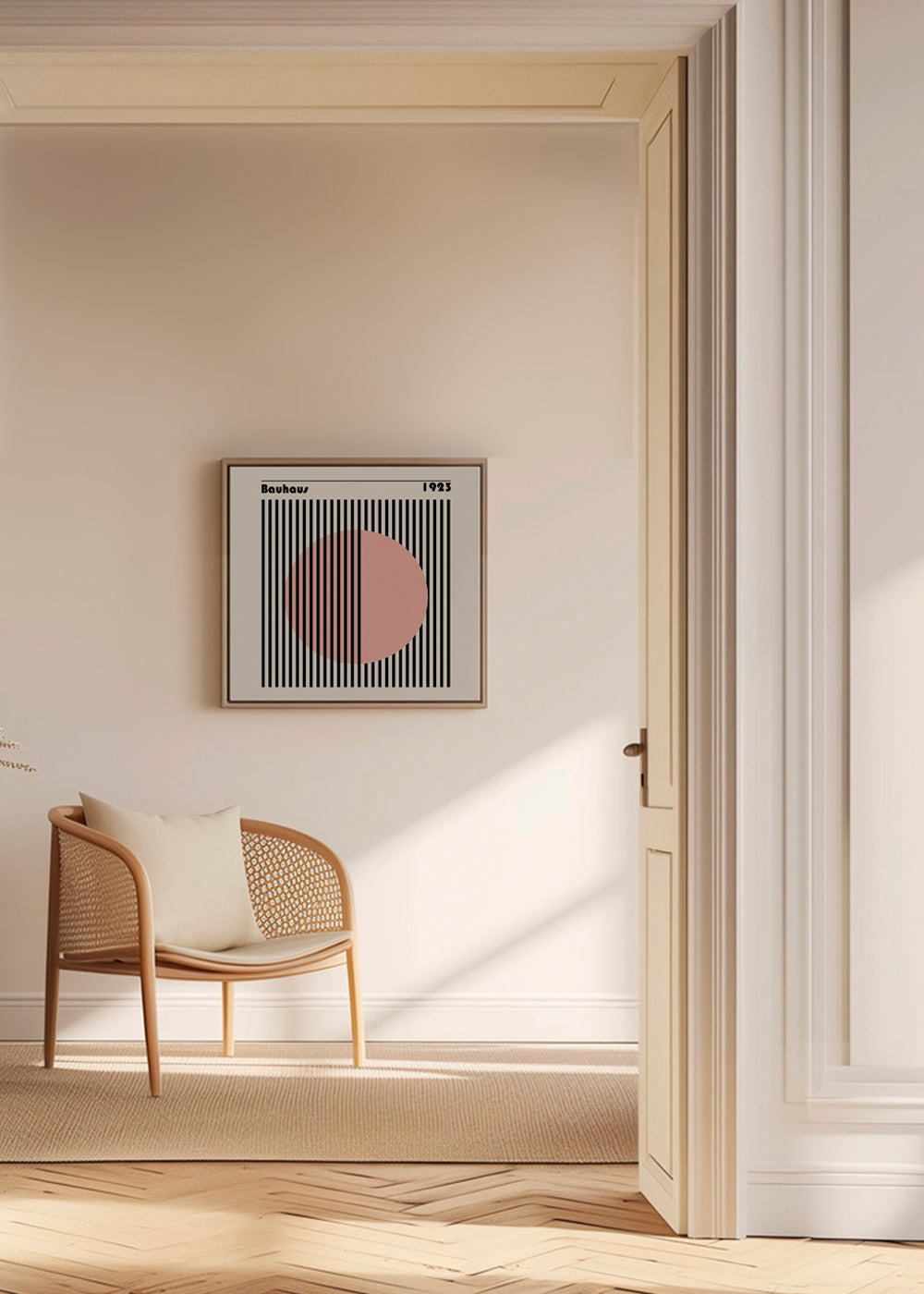 Geometrický plakát Bauhaus růžový kruh a pruhy