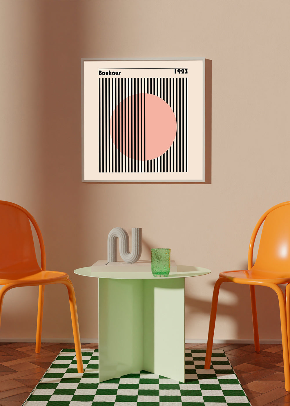 Geometrický plakát Bauhaus růžový kruh a pruhy