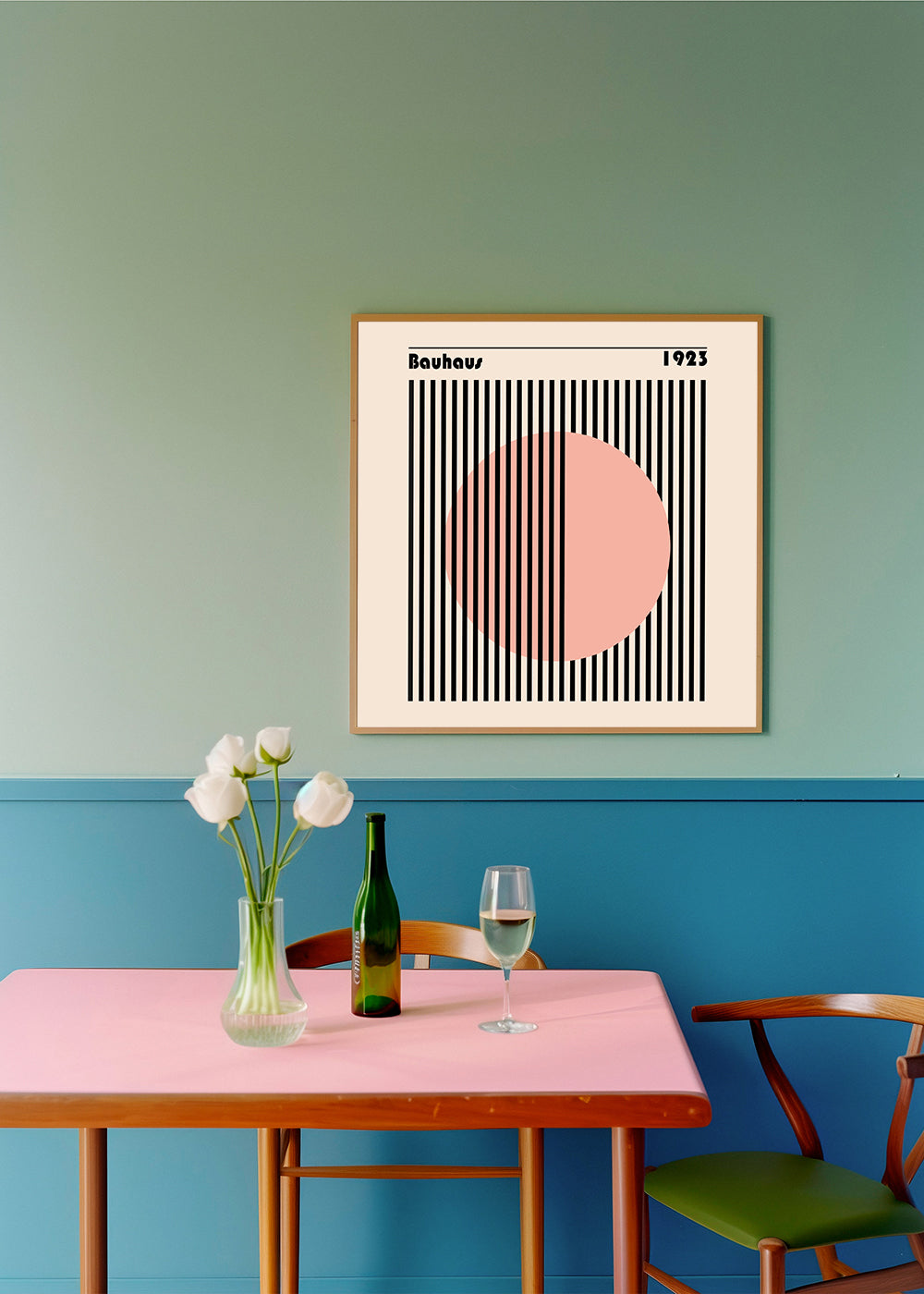 Geometrický plakát Bauhaus růžový kruh a pruhy