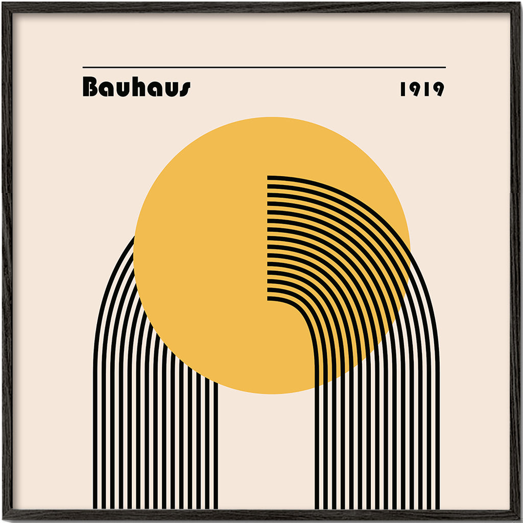 Geometrický plakát Bauhaus žluté slunce a oblouky
