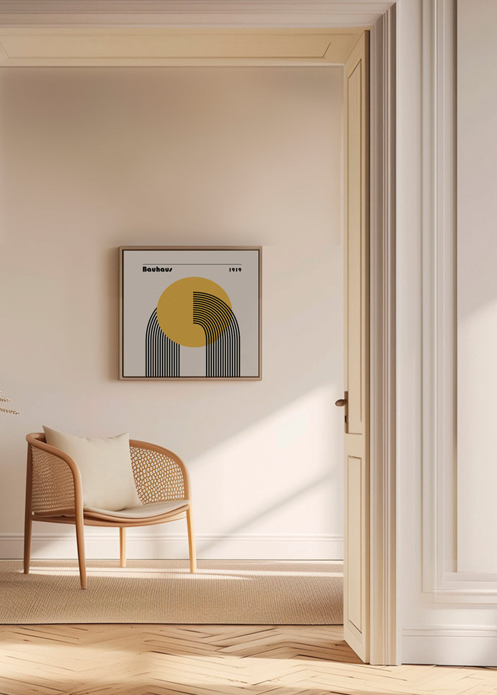 Geometrický plakát Bauhaus žluté slunce a oblouky