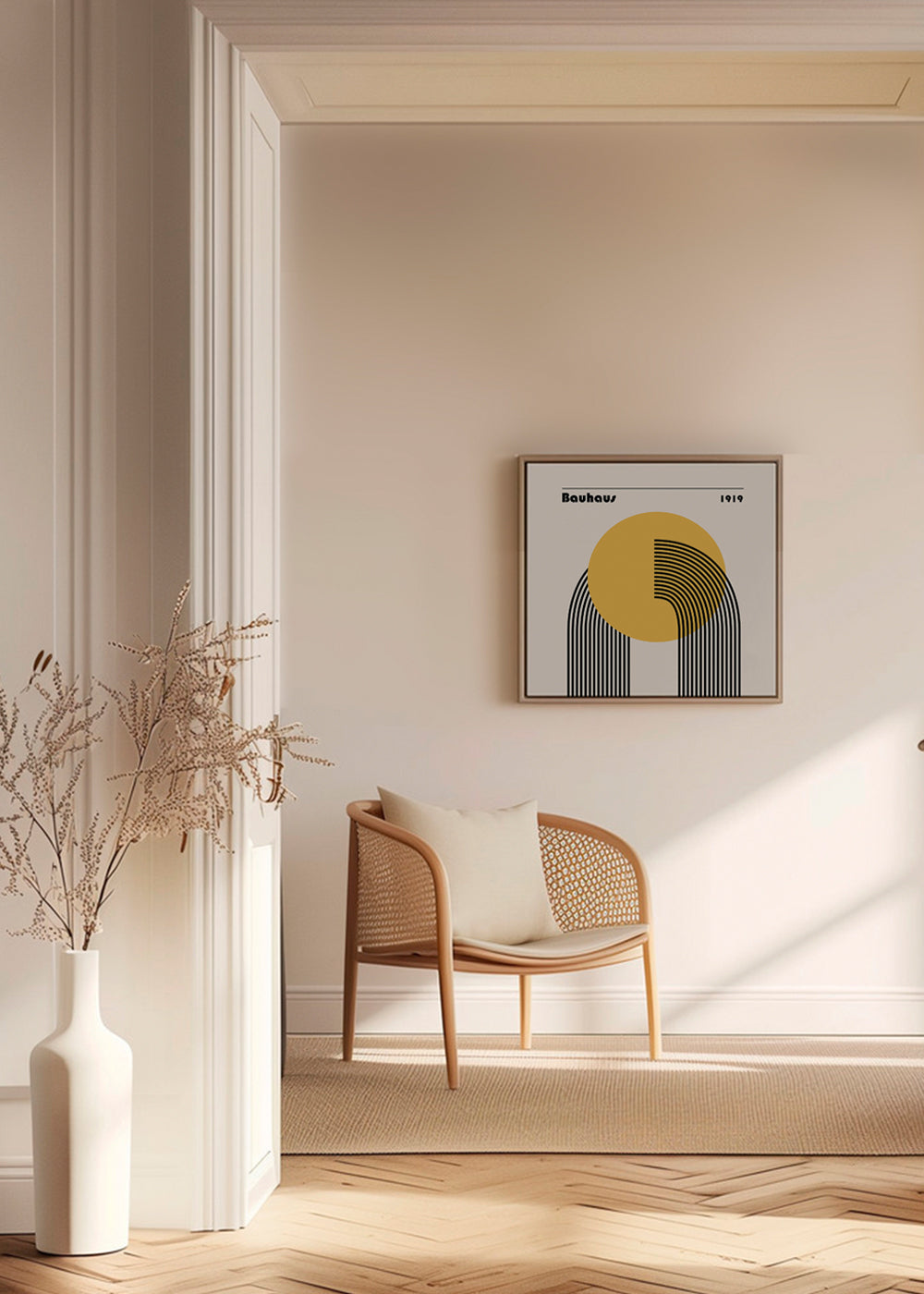 Geometrický plakát Bauhaus žluté slunce a oblouky