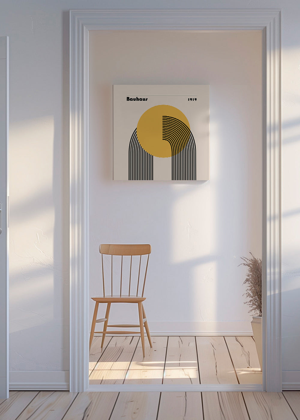 Geometrický plakát Bauhaus žluté slunce a oblouky