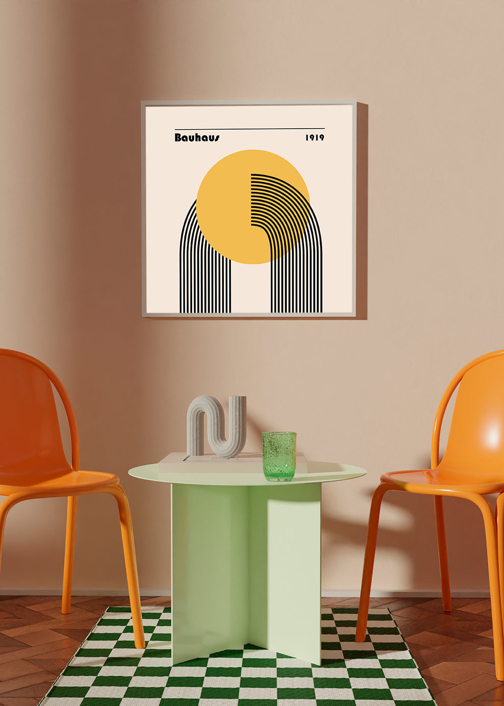 Geometrický plakát Bauhaus žluté slunce a oblouky