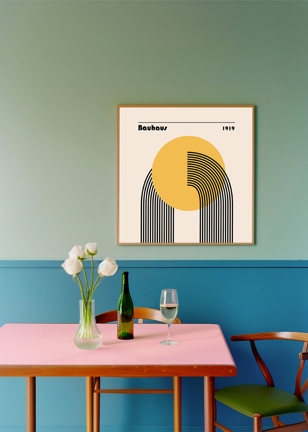 Geometrický plakát Bauhaus žluté slunce a oblouky