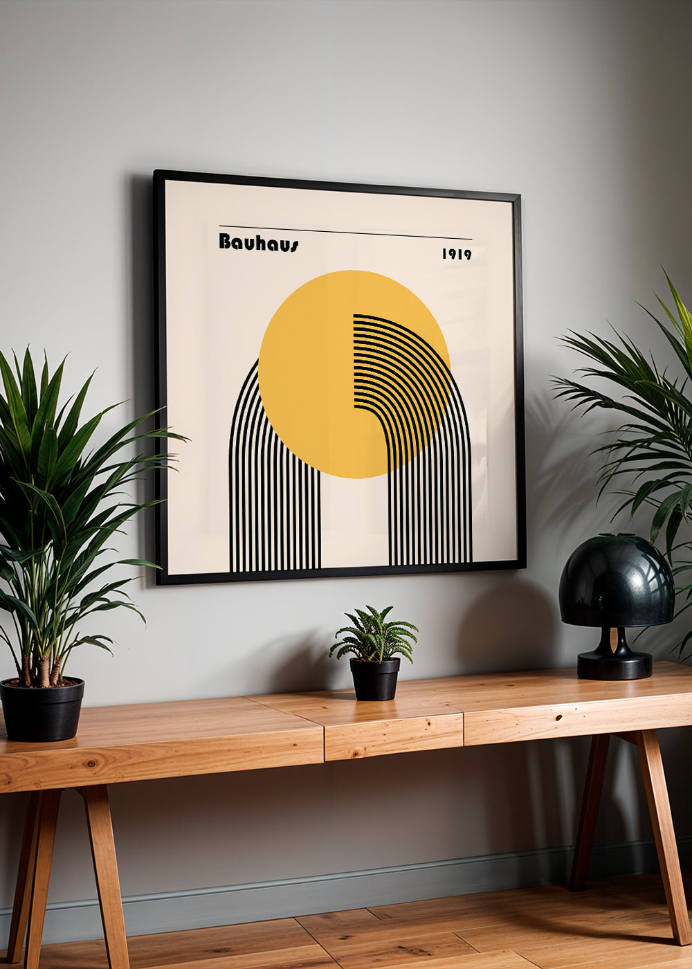 Geometrický plakát Bauhaus žluté slunce a oblouky
