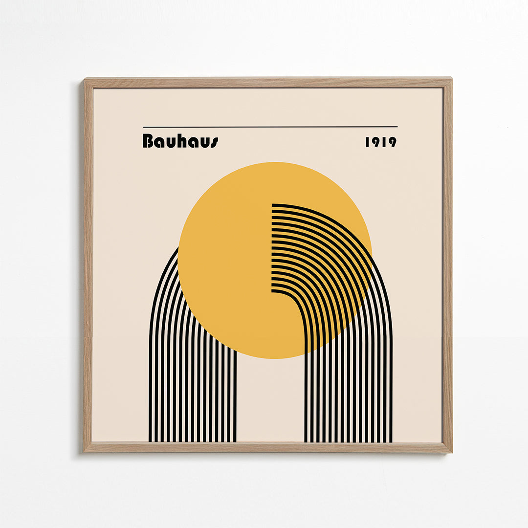 Geometrický plakát Bauhaus žluté slunce a oblouky