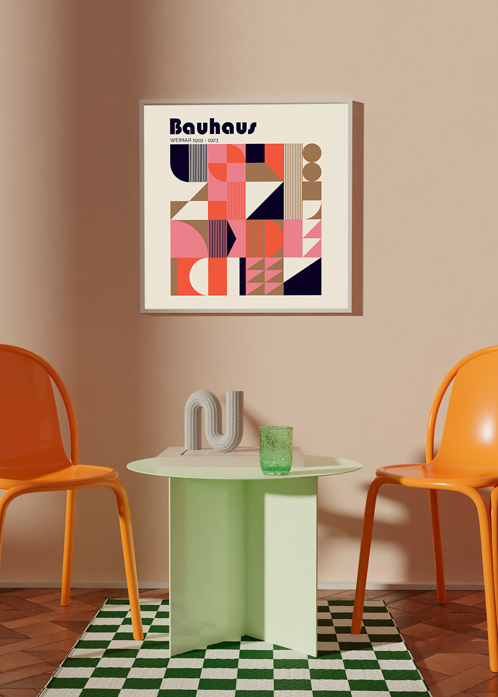 Geometrický plakát Bauhaus korál a béžová