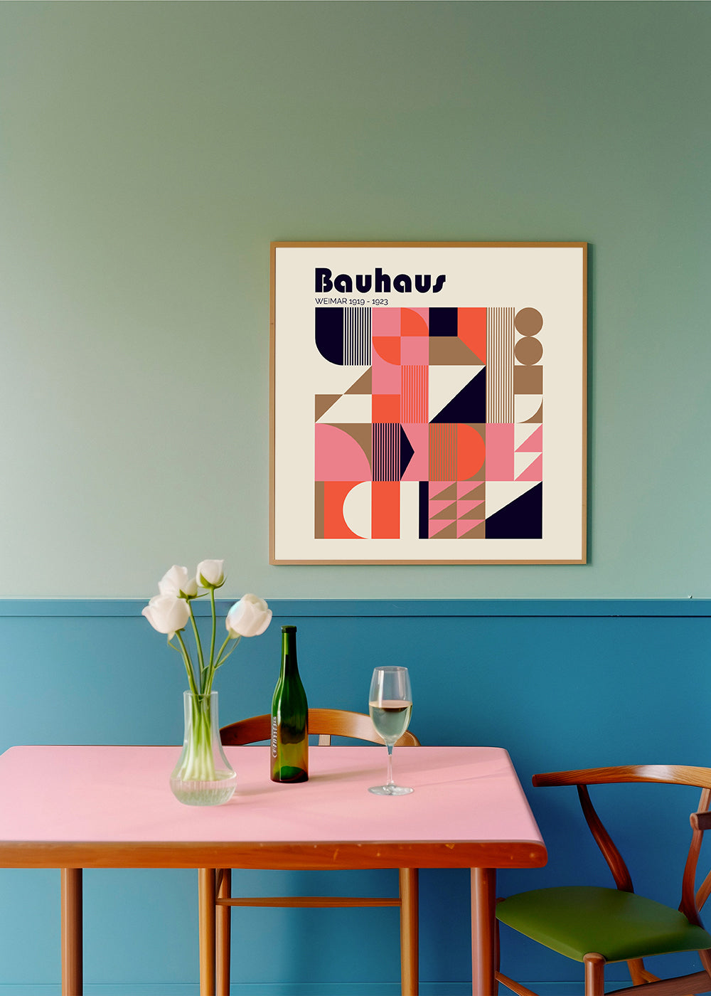 Geometrický plakát Bauhaus korál a béžová