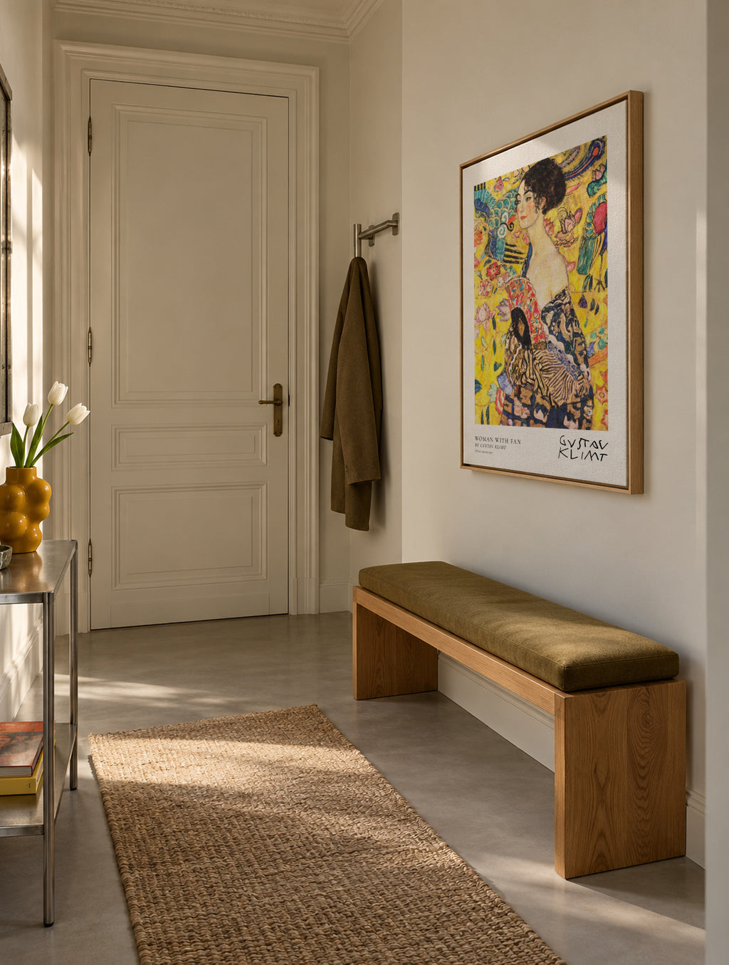 Woman with Fan by Gustav Klimt - Framed canvas in an interior