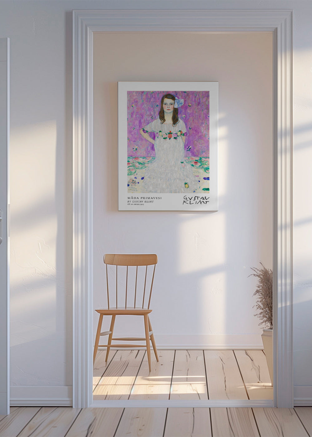 Ilustrace dívky v bílých šatech s květinovým věncem