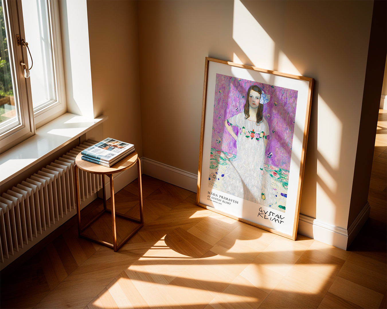 Ilustrace dívky v bílých šatech s květinovým věncem