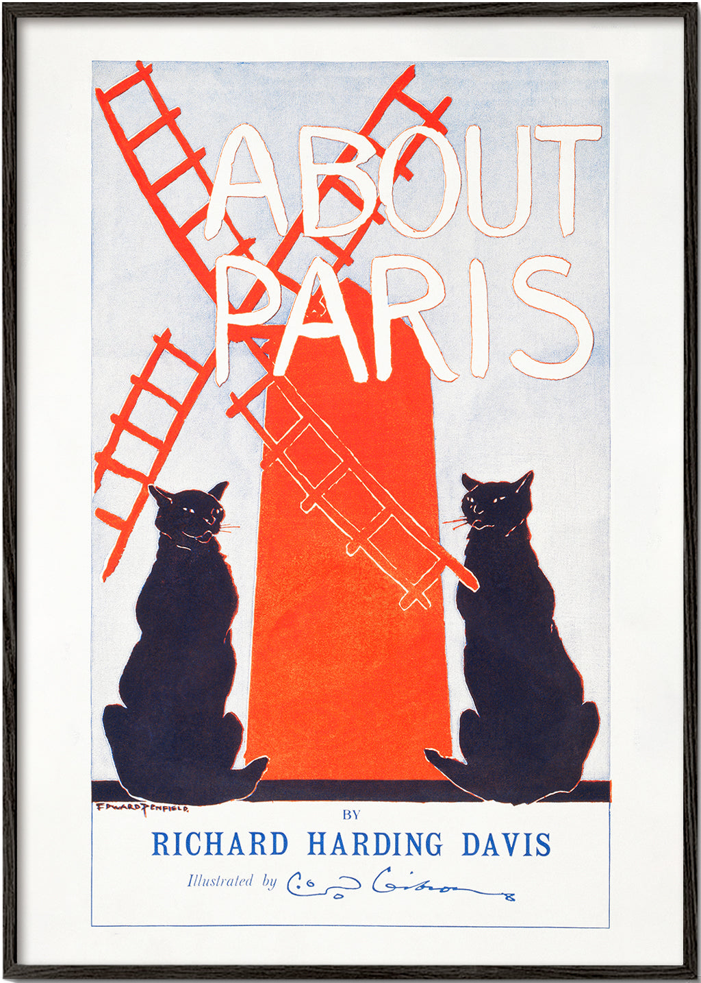 Vintage plakát About Paris s kočkami a mlýnem