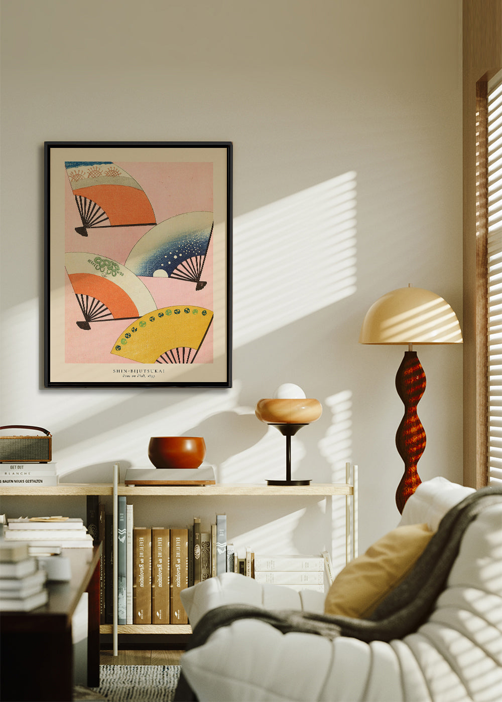Japonská ilustrace vějířů na růžovém pozadí