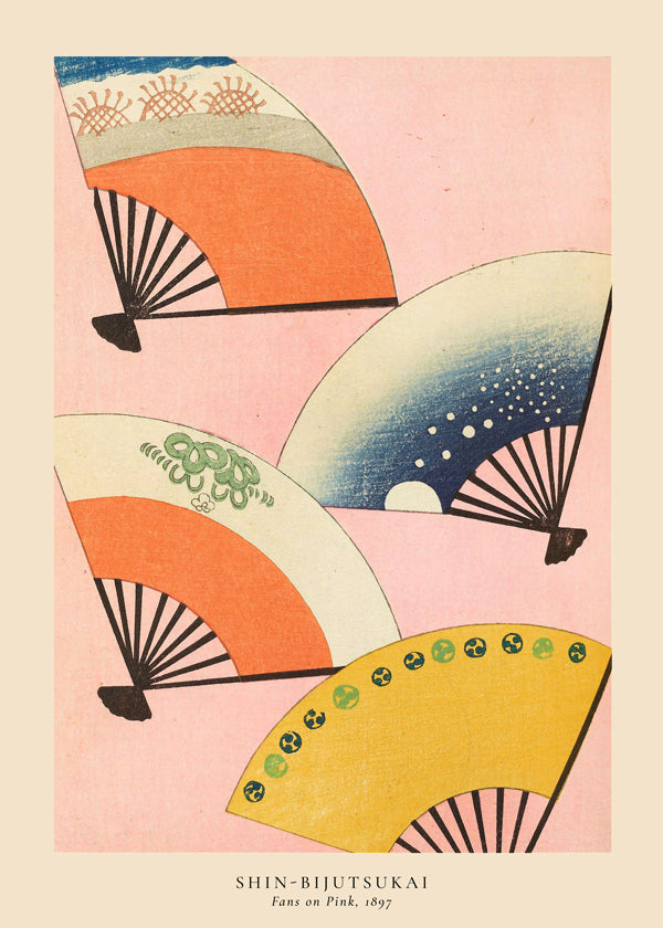 Japonská ilustrace vějířů na růžovém pozadí