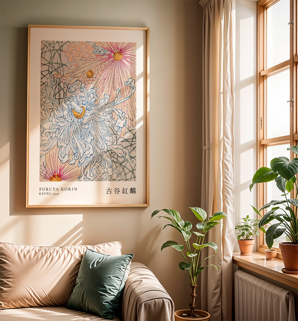 Japonský botanický tisk s modrou chryzantémou