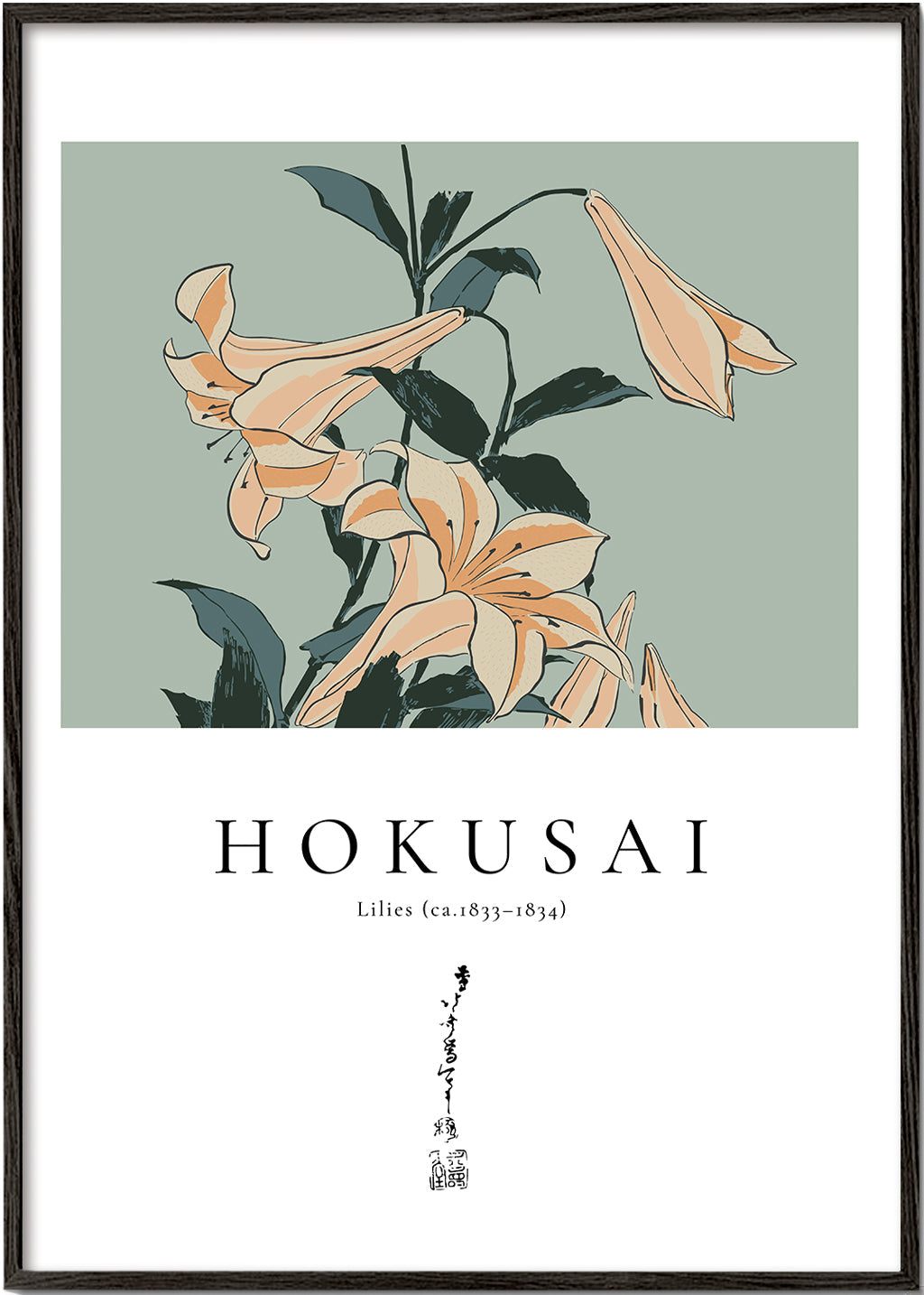 Botanický plakát Hokusai — lilie na zeleném poli