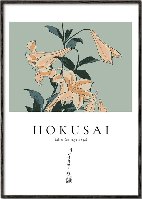 Botanický plakát Hokusai — lilie na zeleném poli
