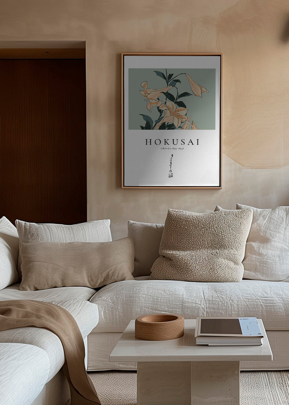 Botanický plakát Hokusai — lilie na zeleném poli