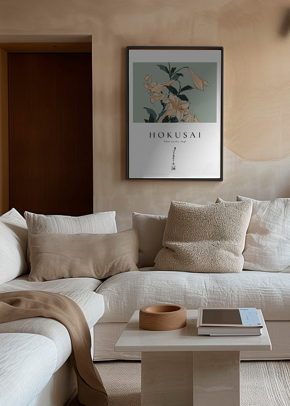 Botanický plakát Hokusai — lilie na zeleném poli