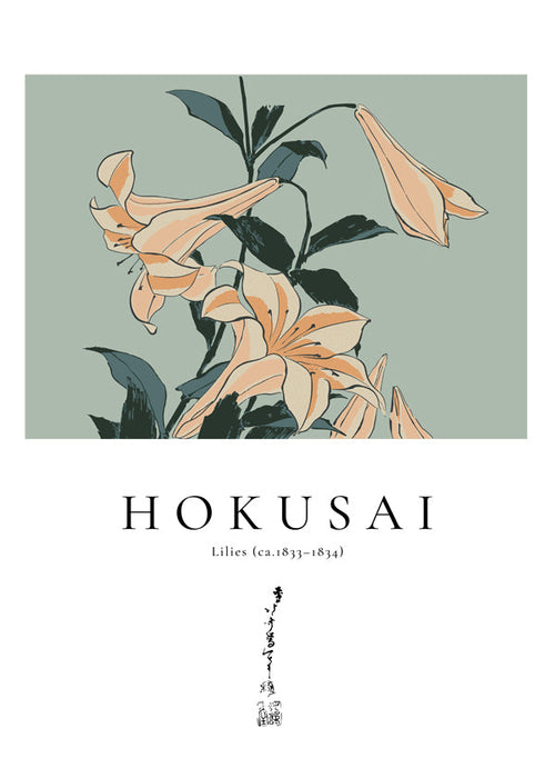 Botanický plakát Hokusai — lilie na zeleném poli