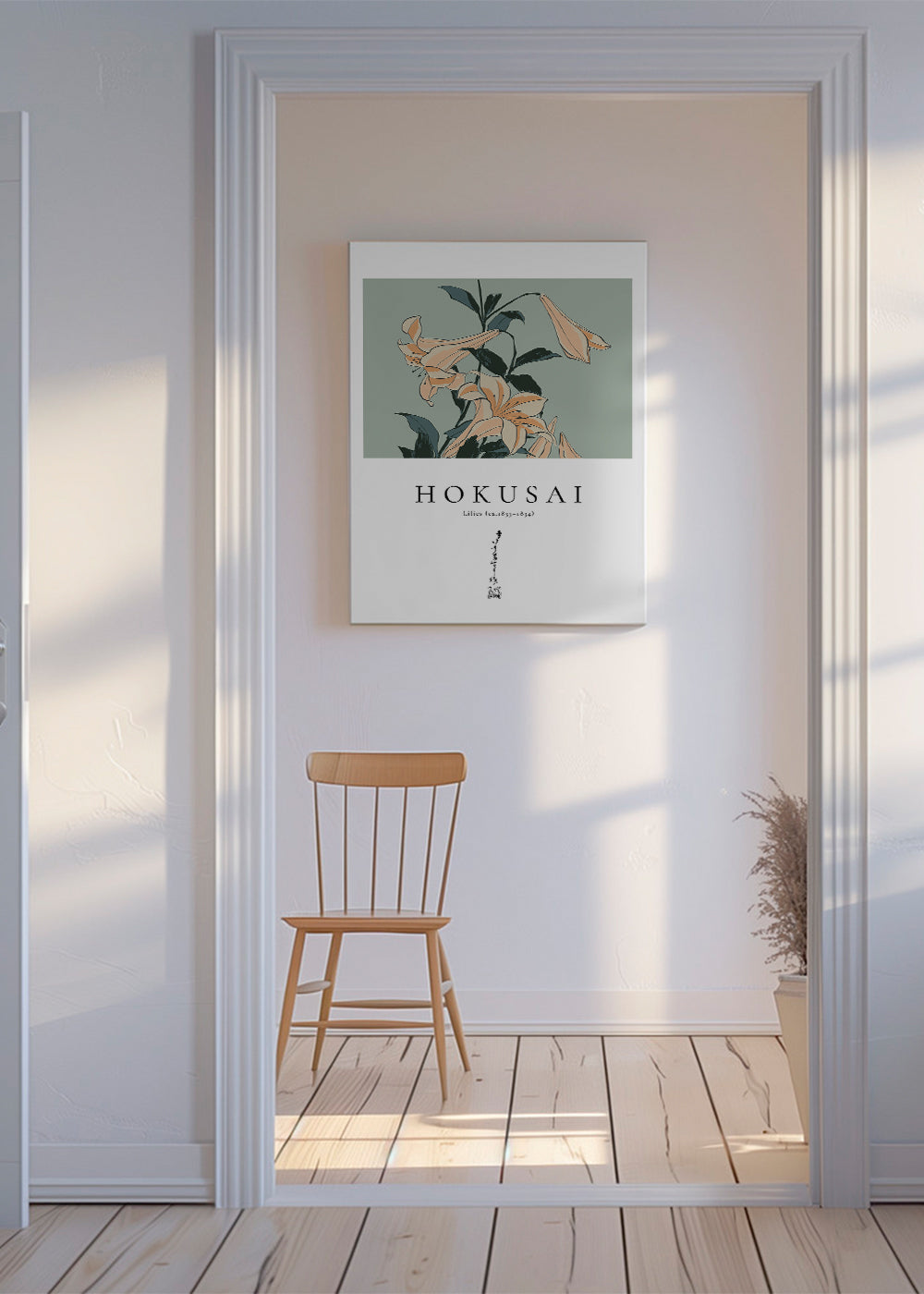 Botanický plakát Hokusai — lilie na zeleném poli