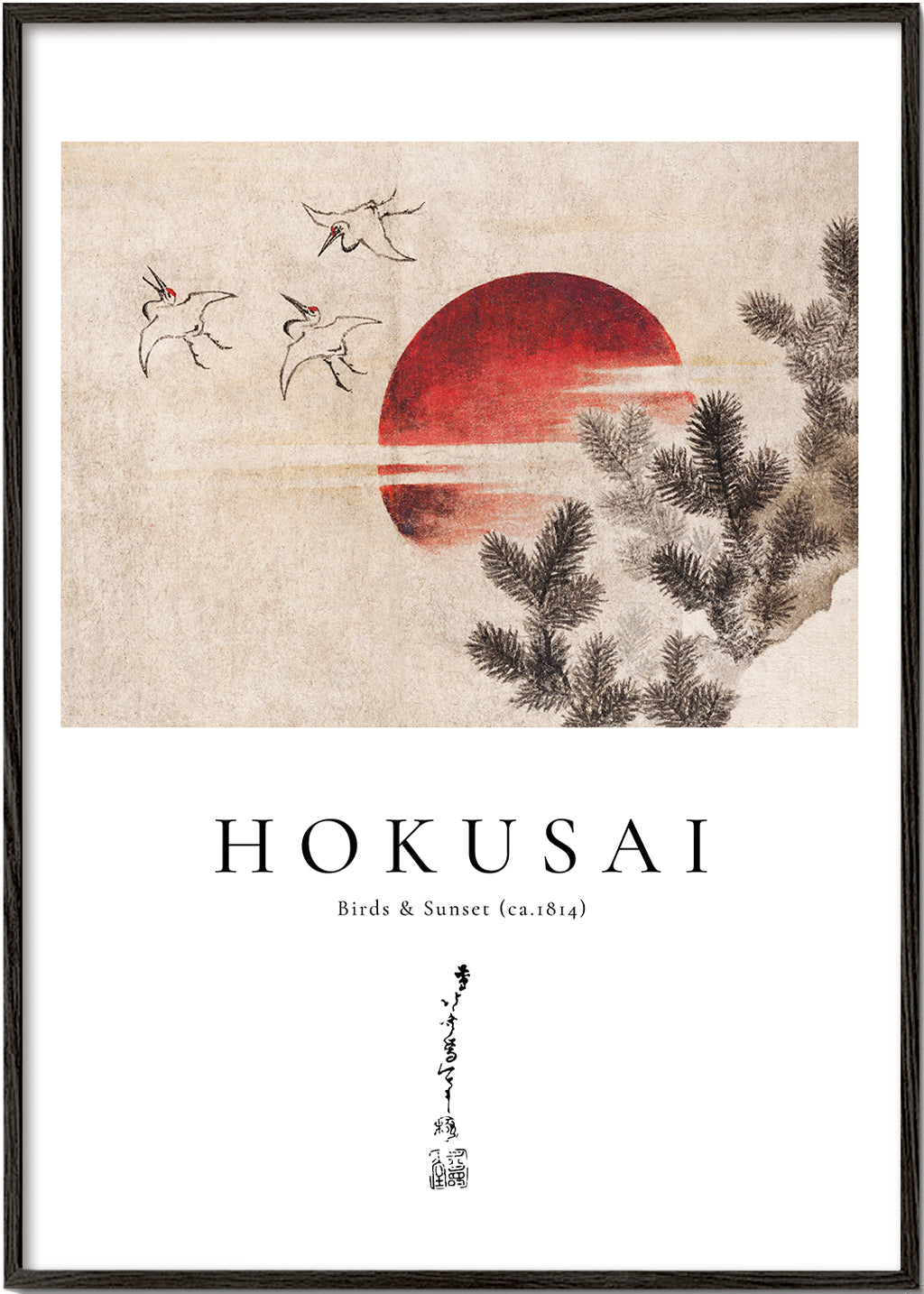 Dílo Hokusai: ptáci a západ slunce s červeným sluncem