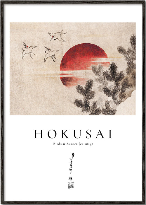 Dílo Hokusai: ptáci a západ slunce s červeným sluncem