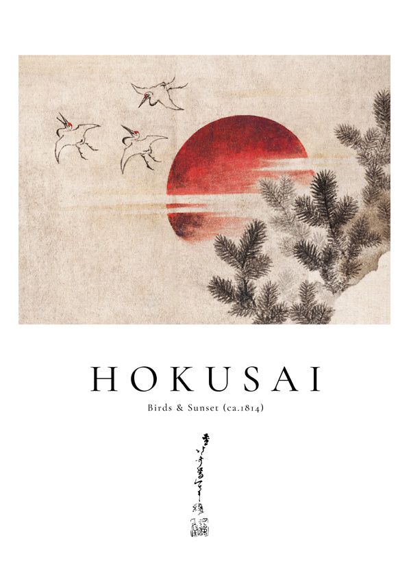 Dílo Hokusai: ptáci a západ slunce s červeným sluncem