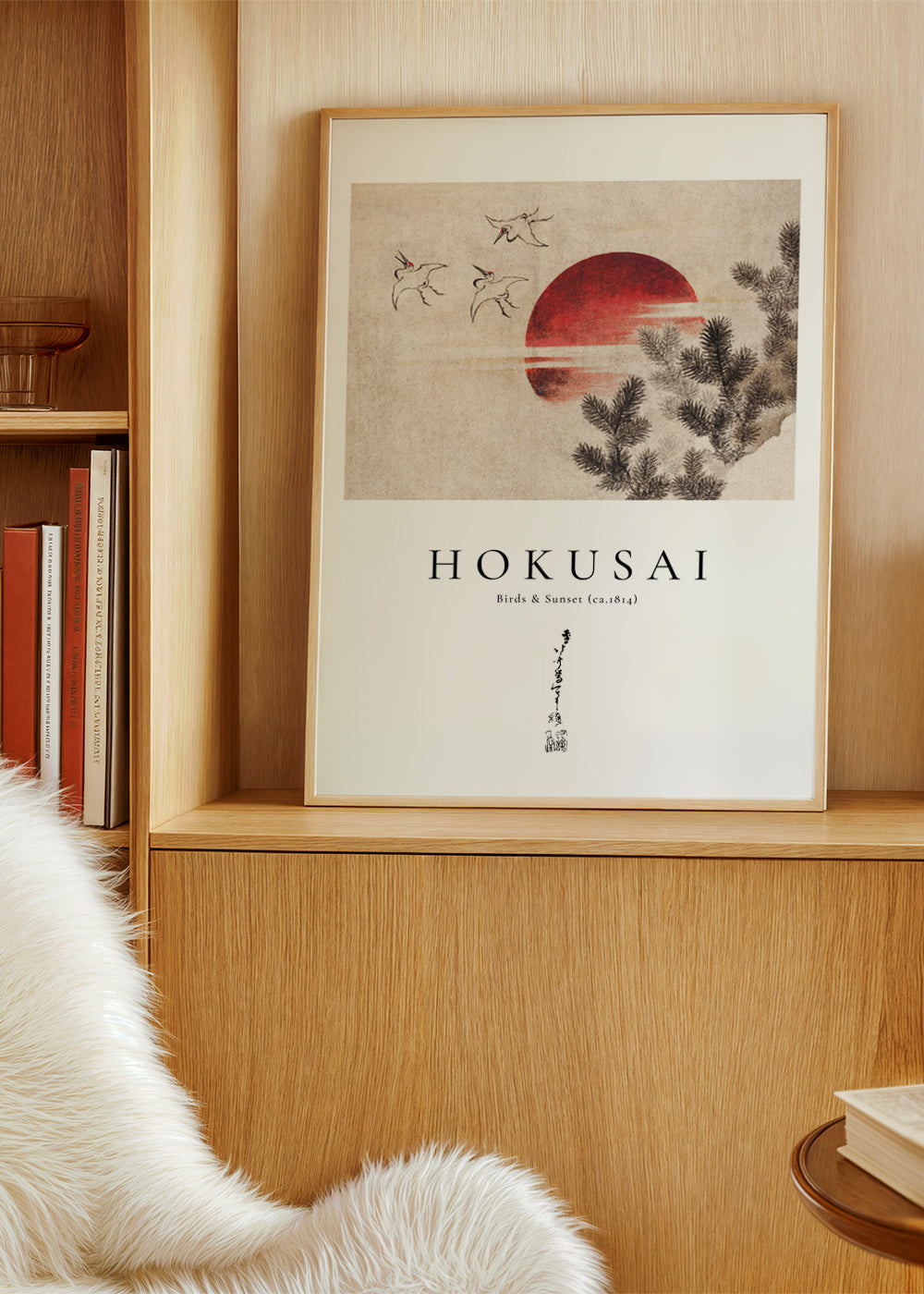 Dílo Hokusai: ptáci a západ slunce s červeným sluncem