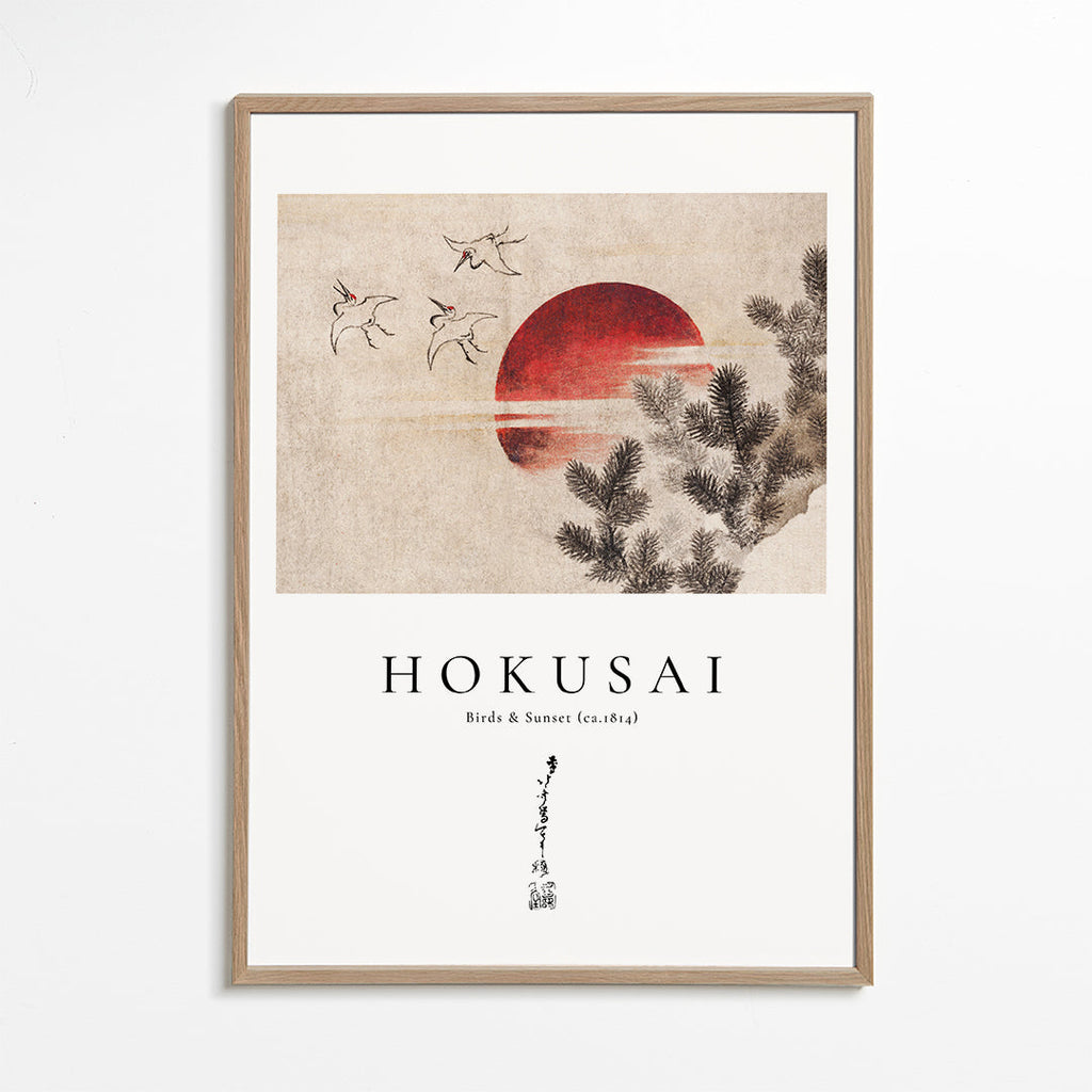 Dílo Hokusai: ptáci a západ slunce s červeným sluncem