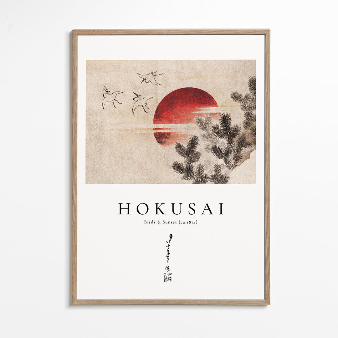 Dílo Hokusai: ptáci a západ slunce s červeným sluncem