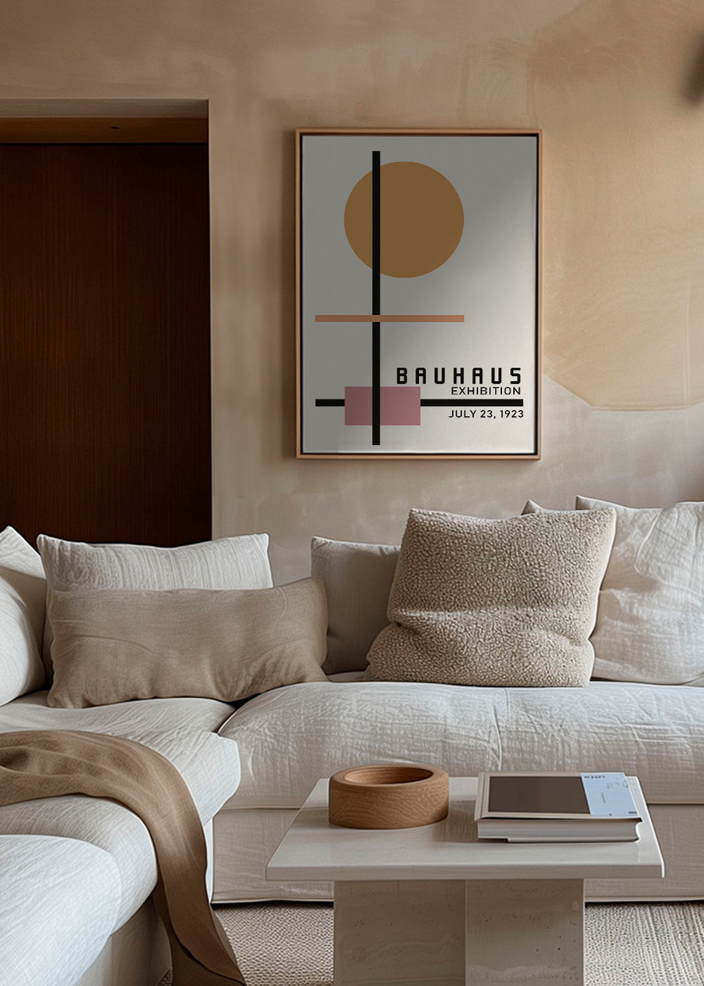 Geometrický Bauhaus plakát s kruhovým sluncem a osami