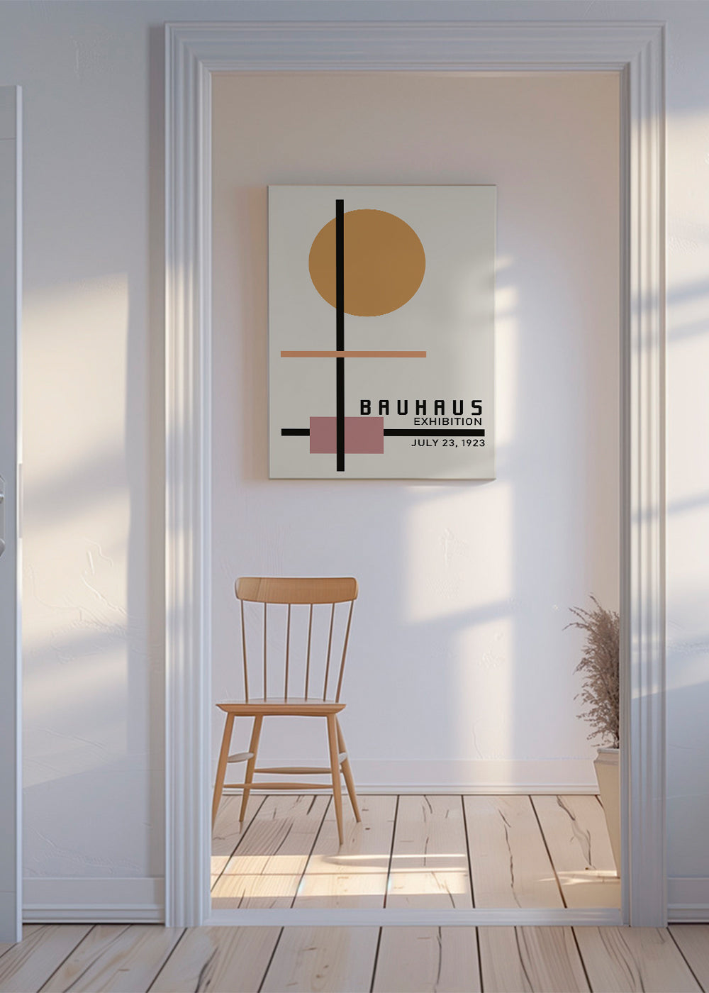 Geometrický Bauhaus plakát s kruhovým sluncem a osami