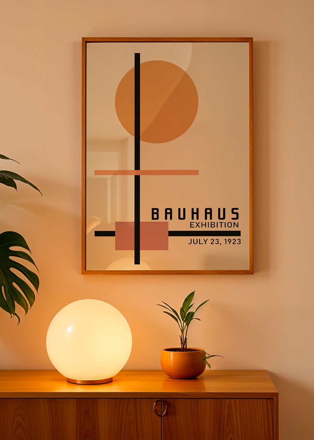 Geometrický Bauhaus plakát s kruhovým sluncem a osami