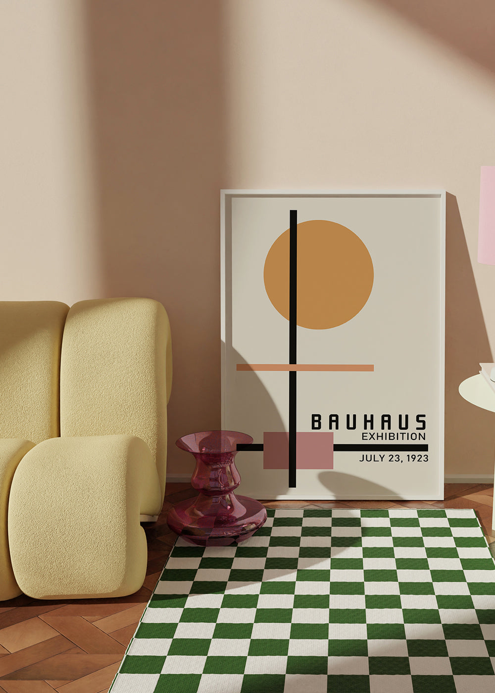 Geometrický Bauhaus plakát s kruhovým sluncem a osami
