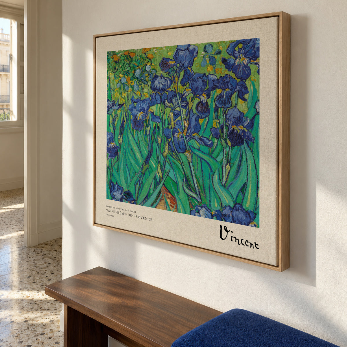 Irises by Vincent van Gogh - Square - Framed canvas in an interior