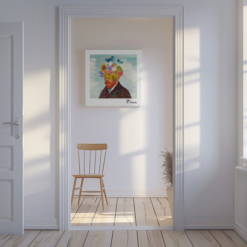 Vincent van Gogh inspired self-portrait & flower remixed - Square - Unframed canvas in an interior