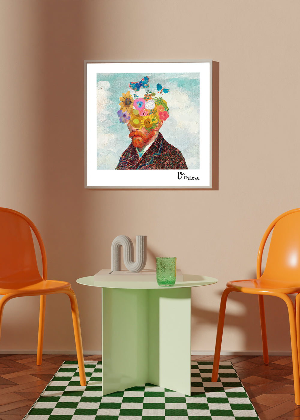 Botanický plakát: květinový portrét s motýly