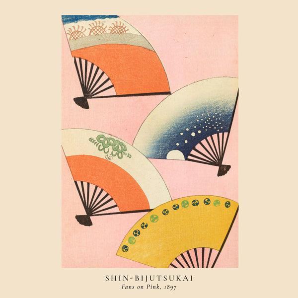 Ilustrace japonských vějířů na růžovém pozadí
