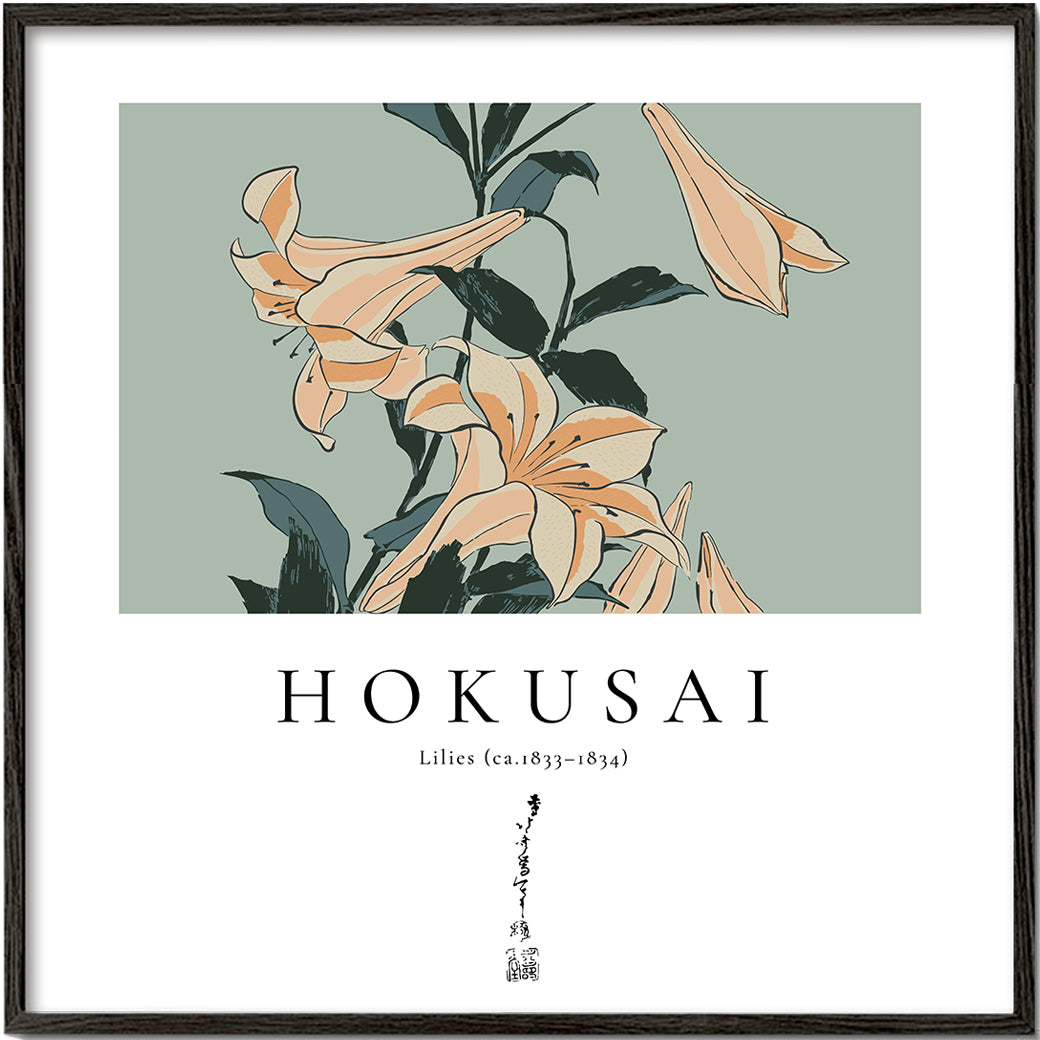 Botanický plakát s liliemi ve stylu Hokusai