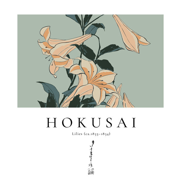 Botanický plakát s liliemi ve stylu Hokusai