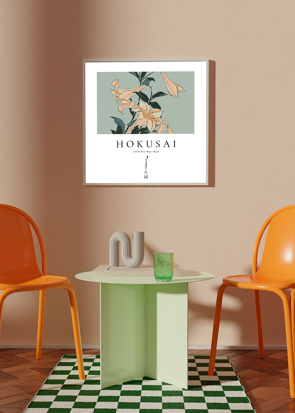 Botanický plakát s liliemi ve stylu Hokusai