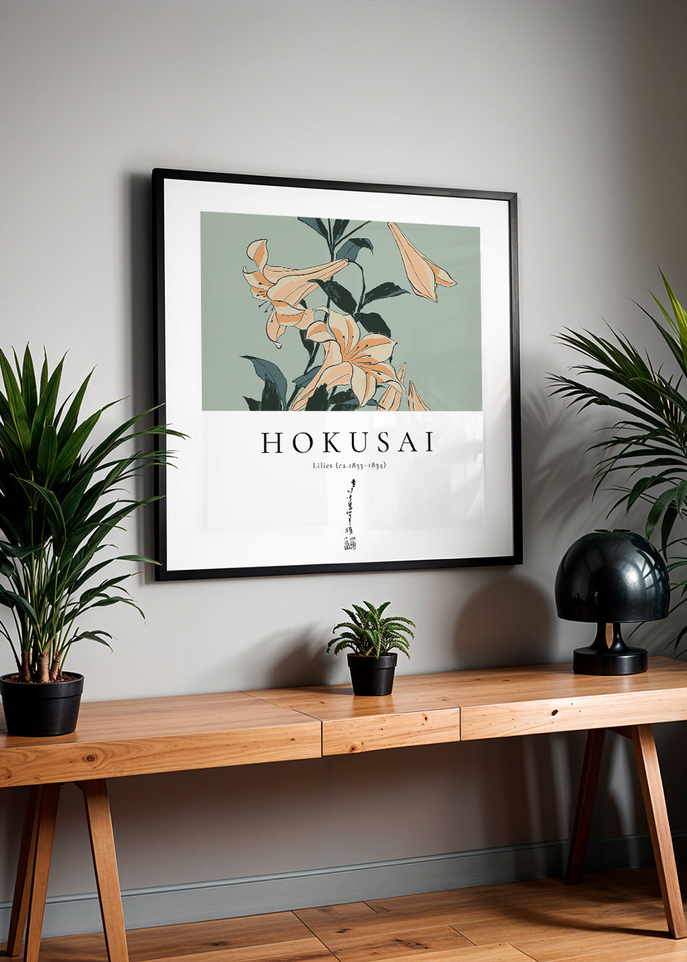 Botanický plakát s liliemi ve stylu Hokusai
