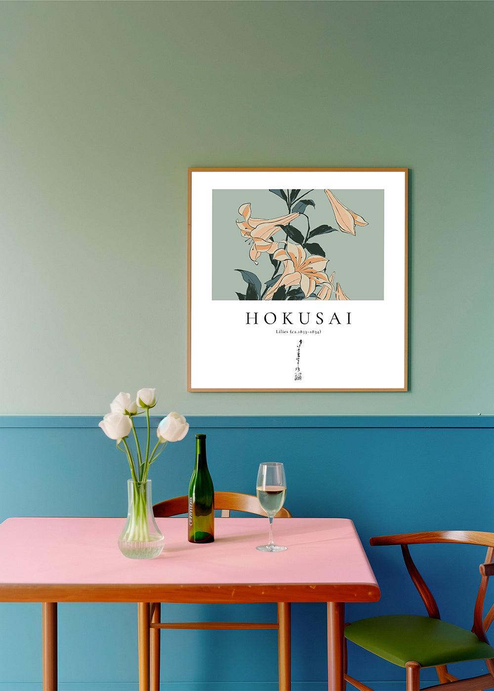 Botanický plakát s liliemi ve stylu Hokusai