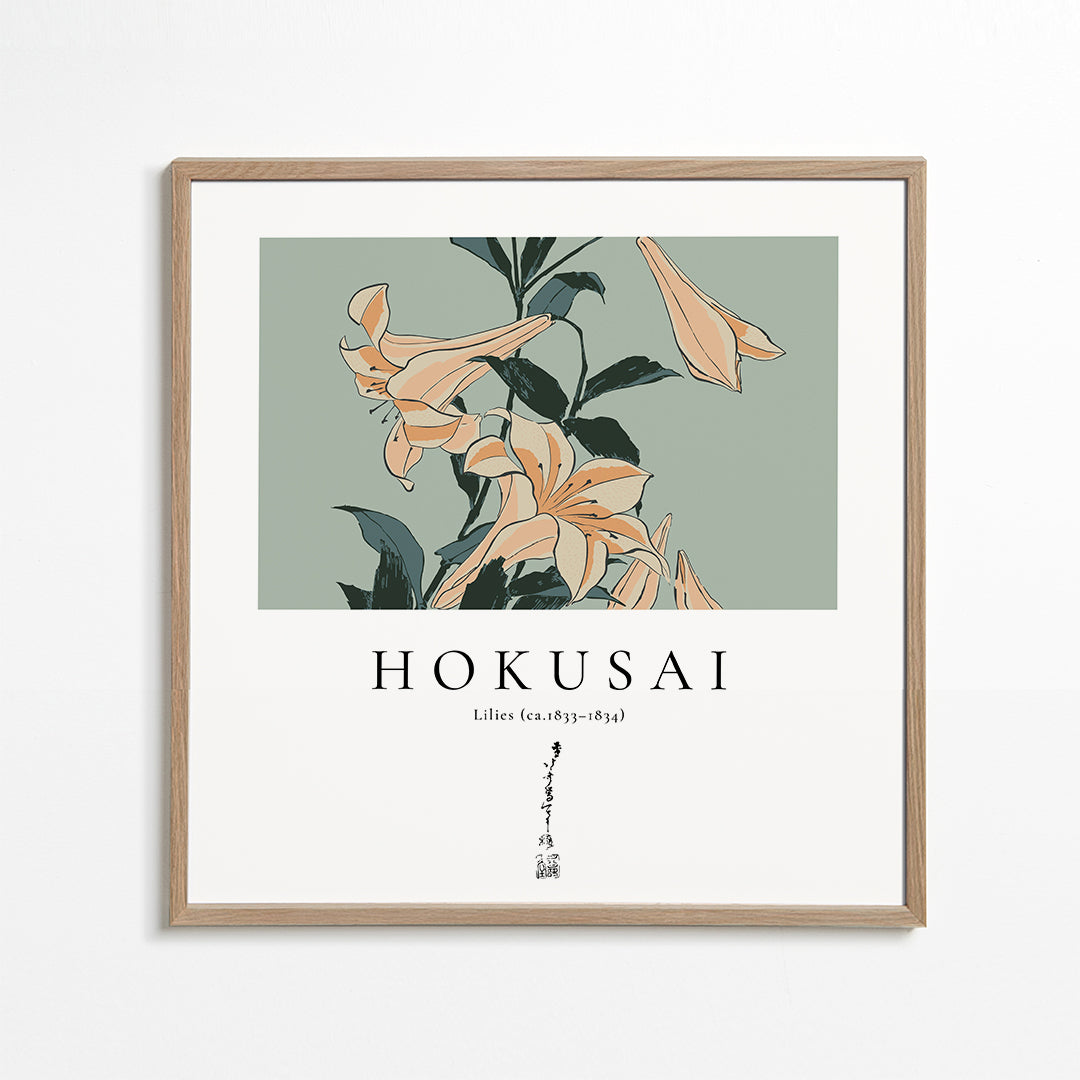 Botanický plakát s liliemi ve stylu Hokusai