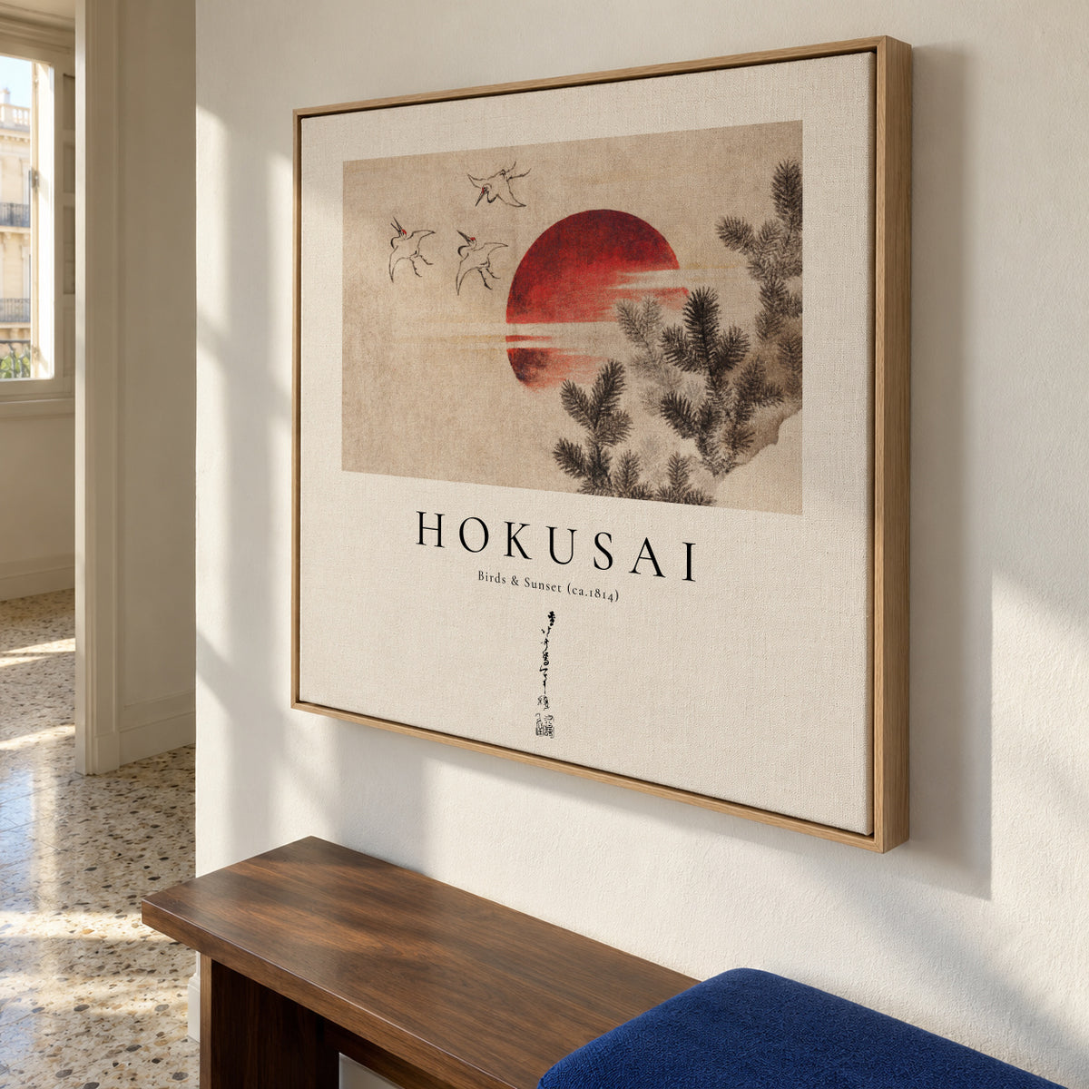Katsushika Hokusai birds and sunset from Album of Sketches - Square - Framed canvas in an interior