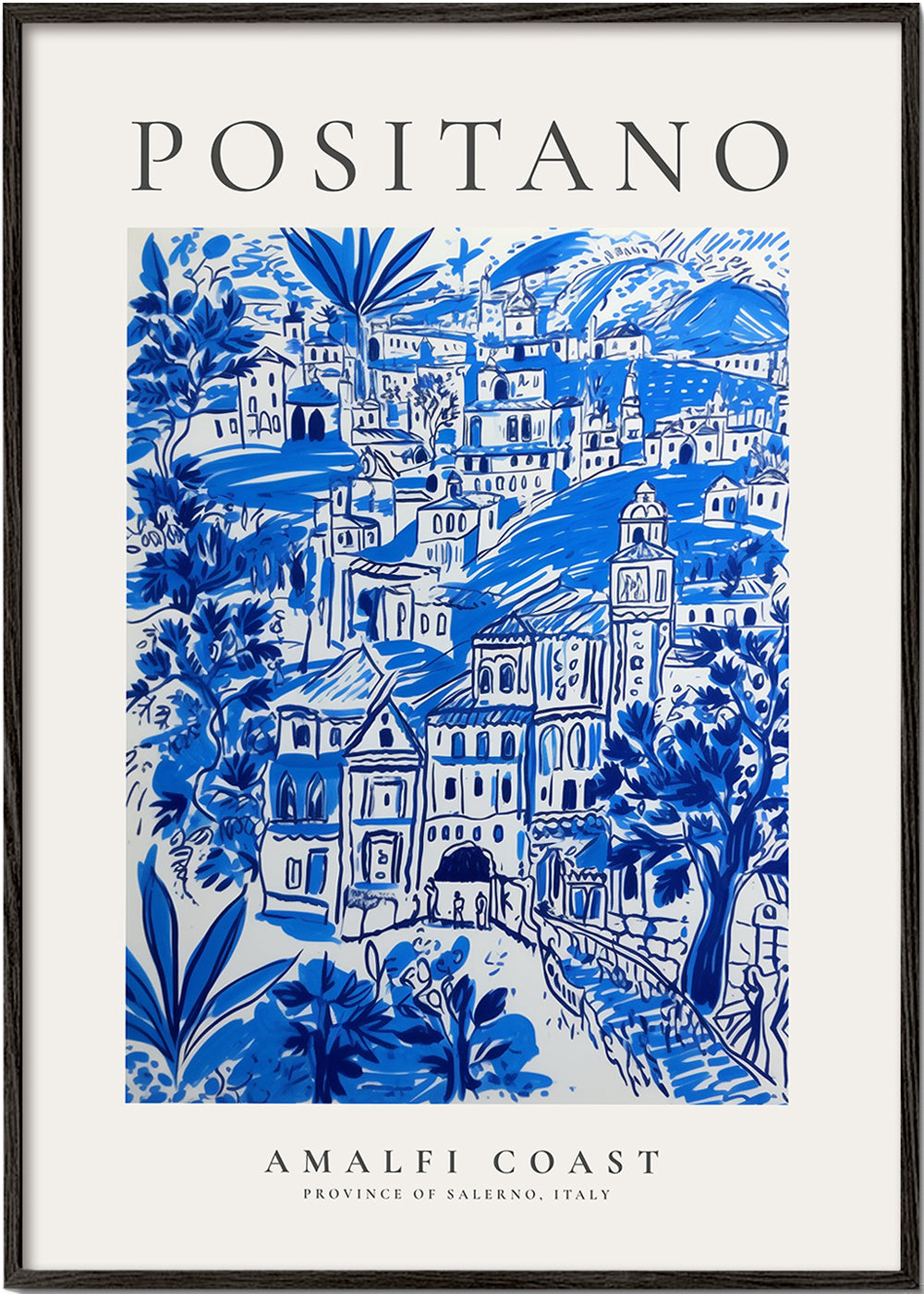 Plakát města Positano modrá ilustrace
